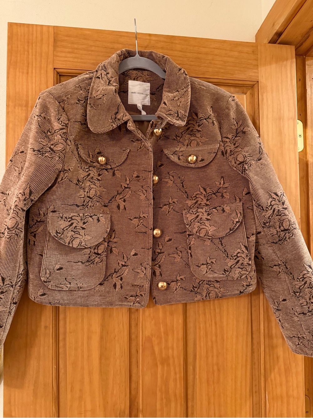 Avec Les Filles Brown Floral Burnout Corduroy Jean Jacket